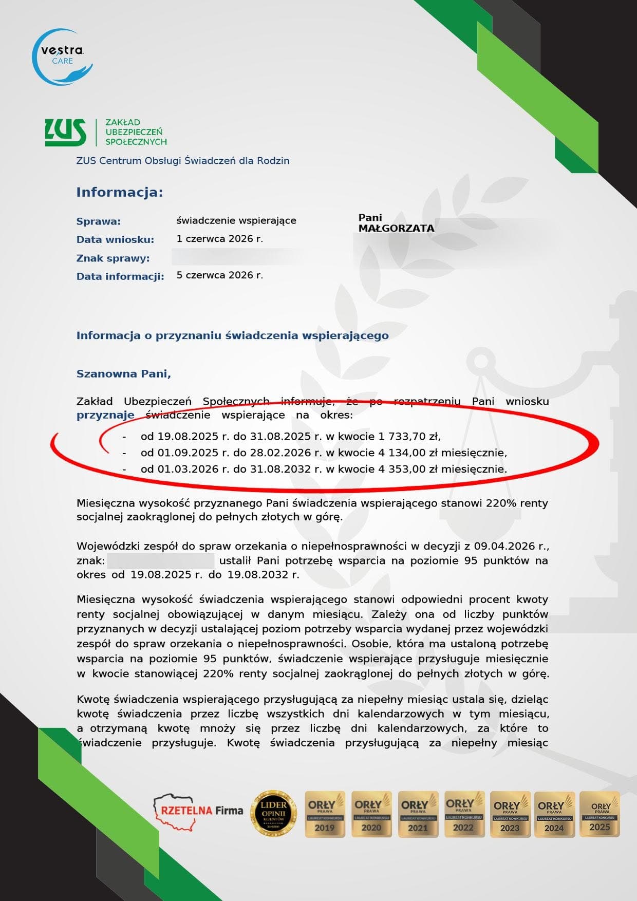 Przykład decyzji ZUS: 95 punktów i 4353 zł miesięcznie