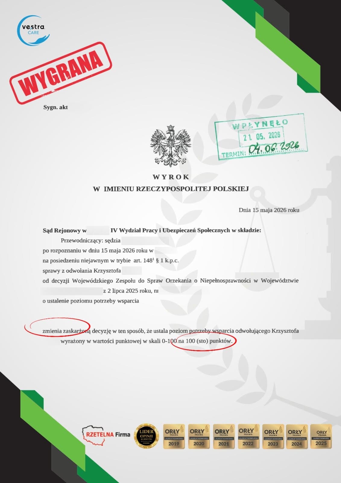 Przykład wyroku sądowego: 100 punktów