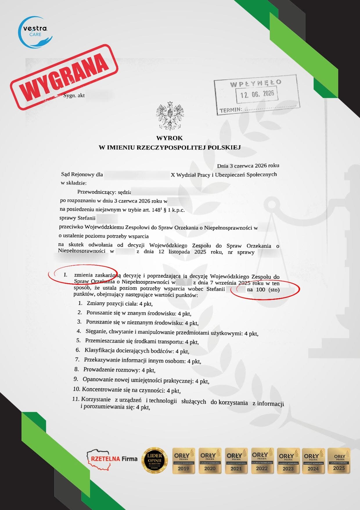 Przykład wyroku sądowego z korzystną punktacją