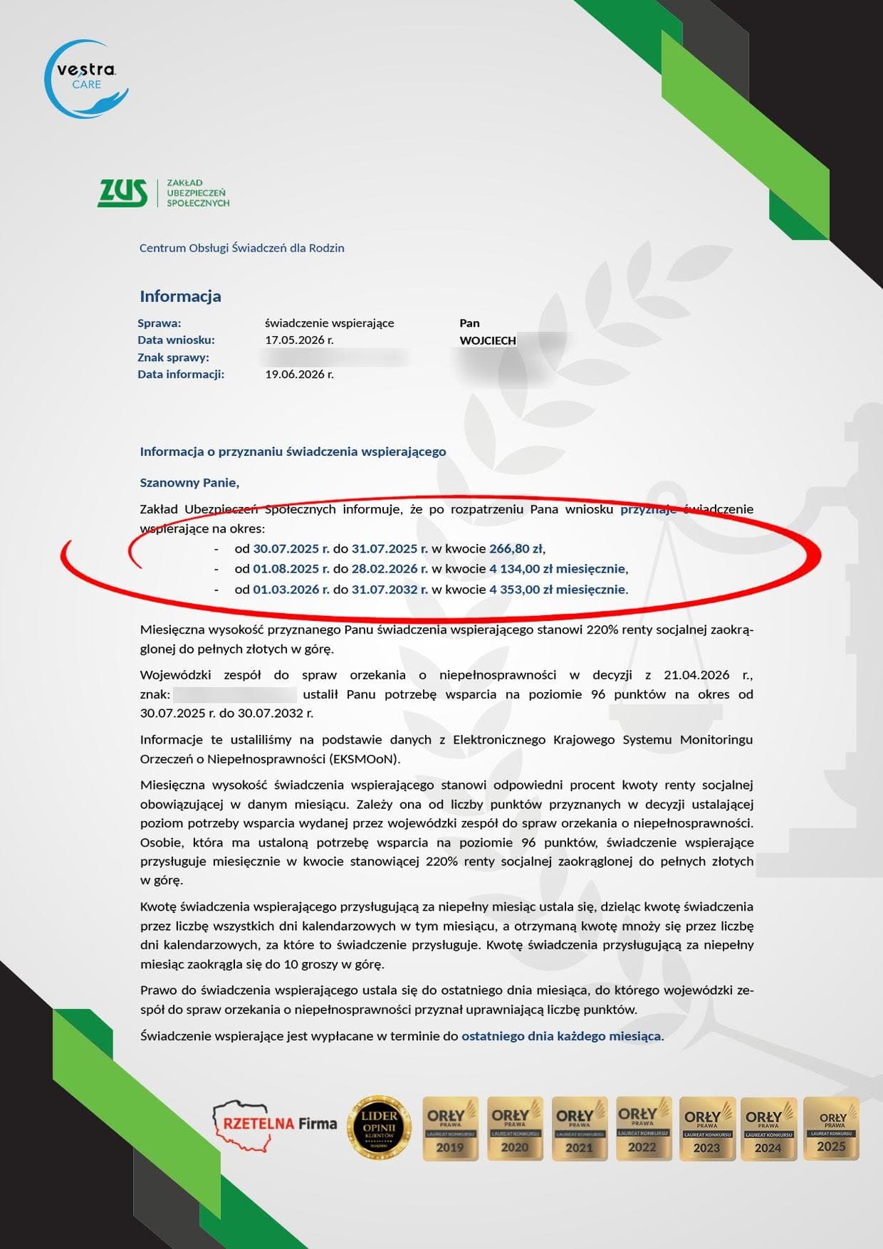 Przykład decyzji ZUS: 96 punktów i 4353 zł miesięcznie
